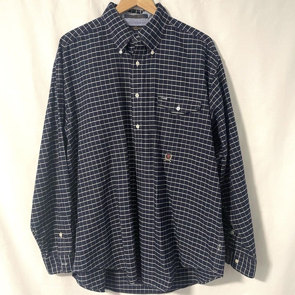 Vintage Tommy Hilfiger Navy Blue Windowpane  Button Up Shirt Long-Sleeve L Crest